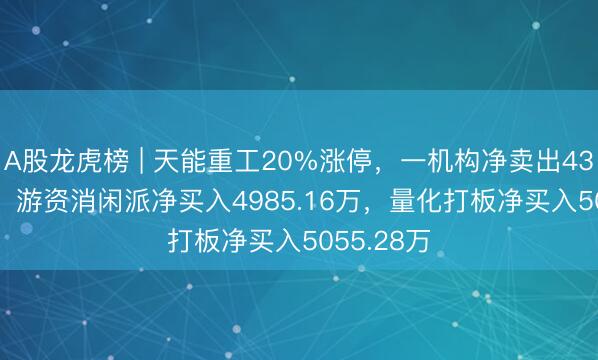 A股龙虎榜 | 天能重工20%涨停，一机构净卖出4355.68万，游资消闲派净买入4985.16万，量化打板净买入5055.28万