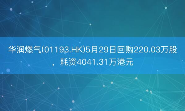 华润燃气(01193.HK)5月29日回购220.03万股,耗资4041.31万港元